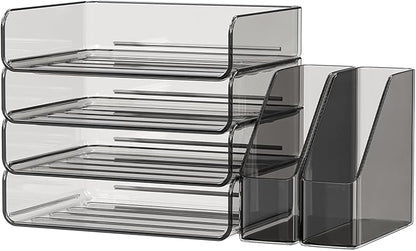 Acrylic Paper Organizer with Movable Bookends, 4-Tier Stackable Paper Tray for Desk, Brown Clear File & Letter Tray Organizer Office