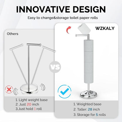 Freestanding Toilet Paper Holder Stand with Storage – Holds 4 Extra Rolls – Chrome Toilet Paper Holder for Bathroom – Sturdy Base, Classic Retro Style, Space-Saving Bathroom Storage Organizer