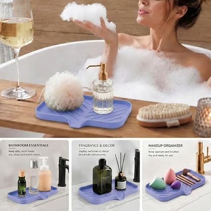 MicoYang Silicone Soap Dish with Drain Spout — Self-Draining Sink Organizer Tray for Bathroom & Kitchen, Sponges, Dispensers & Soap Holder, Non-Slip & Dishwasher Safe, Light Purple (Medium, 9.6"×5.3")
