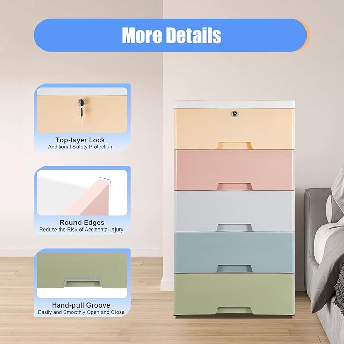Plastic Dresser for Bedroom with 5 Drawers,Stackable Vertical Storage Tower, Small Dresser Chest of Drawers, Mobile Drawer Storage Cabinet with Wheels for Hallway Entryway,Bedroom Furniture (Macaron)