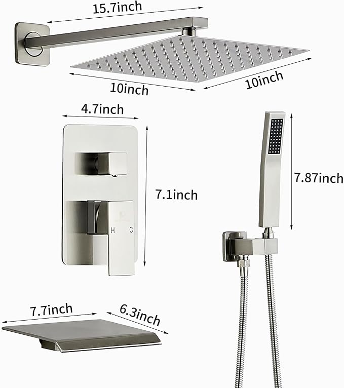 Brushed Nickel Rainfall Shower Faucet Set with Tub Spout 10 Inch, Shower Head and Handle with 2 Hooks, Rain Shower and Handheld Shower System Square Wall Mount for Bathroom