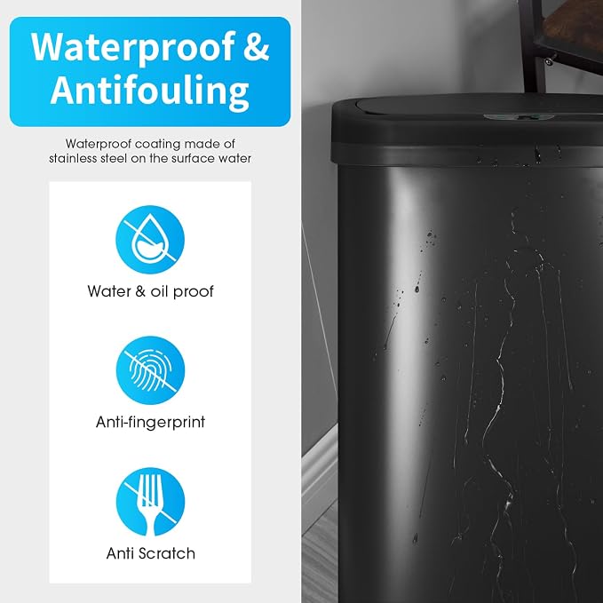 BestOffice Black Plastic Touch Free High-Capacity Garbage Can with Lid, 49L/13G, Rectangular, Quiet Close, Kitchen, Bedroom, Bathroom, Office