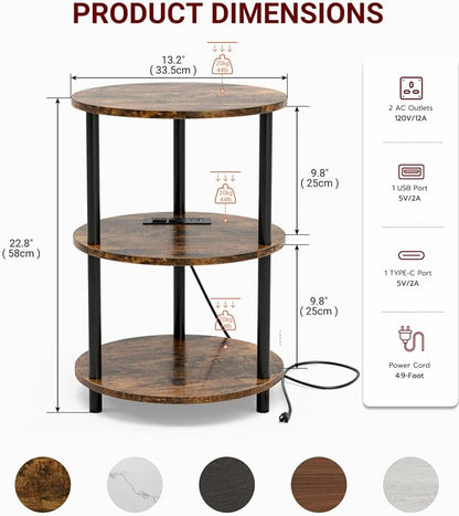 XBurmo Small Round End Table - 3 Tier Design Accent Table, Narrow Side or Bedside Stand, Industrial Vintage Table for Small Spaces, Built-in USB Ports and Power Outlet, Rustic Brown