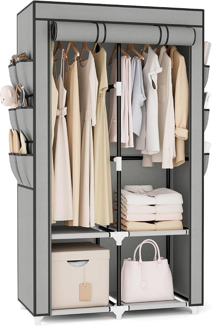 VTRIN Portable Closet Wardrobe for Hanging Clothes with 4 Storage Shelves, 2 Hanging Rods and 6 Pockets, Stable and Easy Assembly Clothes Rack with Cover Free Standing Closet for Bedroom, Grey