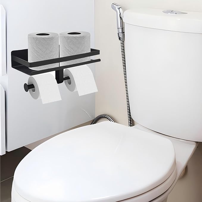 Matte Black Toilet Paper Holder with Shelf Wall Mounted,Stainless Steel Double TP Roll Tissue Holder for Bathroom(1, Matte Black)