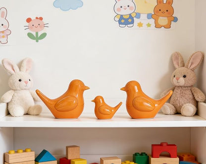 Artconal Small Orange Bird Statue Ceramic 2-Piece Set, 2¾ inch Cute Knick Knack for Home Office Shelf Desk Decor