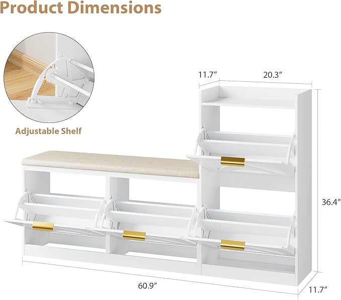 Garvee Shoe Storage Cabinet with Bench, 4 Flip-Drawer Entryway Shoe Organizer with Adjustable Left/Right Cushioned Seat & Removable Shelves, Narrow Hallway Storage for 35-40 Pairs, White
