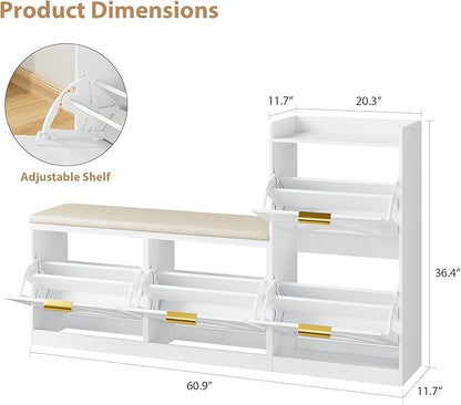 Garvee Shoe Storage Cabinet with Bench, 4 Flip-Drawer Entryway Shoe Organizer with Adjustable Left/Right Cushioned Seat & Removable Shelves, Narrow Hallway Storage for 35-40 Pairs, White