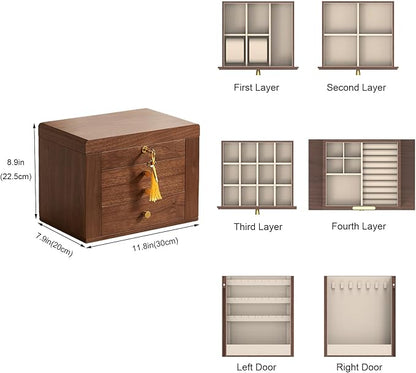 Black Walnut Wooden Jewelry Box, Wood Jewelry Organizer with 2 Side Doors Mirror Lockable Classical Style for Watch Necklace Ring Earring Storage Christmas Gifts-4 Layer