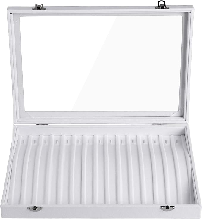 Frebeauty 15 Hooks Necklace Tray,Neckalce Organizer with Clear Lid,Velvet Necklace Holder Box,Jewelry Organizer for Pendants Chains,13.8x9.5x2 inches Necklace Jeweley Tray for Women(White)