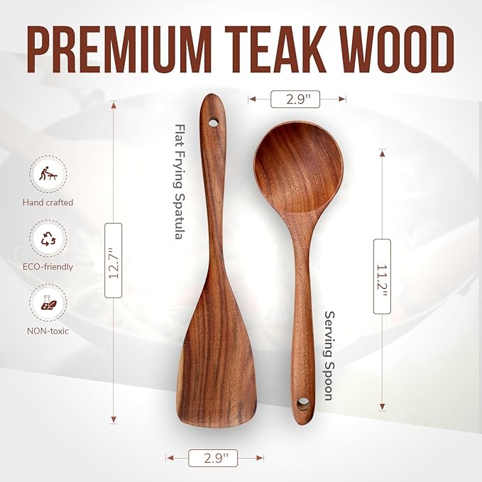 2 Piece Teak Wood Utensil Set - Handmade Spatula and Serving Spoon for Nonstick Cookware - Heat-Resistant & Non-Toxic Wooden Cooking Utensils - Essential Kitchen Gift Set