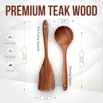 2 Piece Teak Wood Utensil Set - Handmade Spatula and Serving Spoon for Nonstick Cookware - Heat-Resistant & Non-Toxic Wooden Cooking Utensils - Essential Kitchen Gift Set