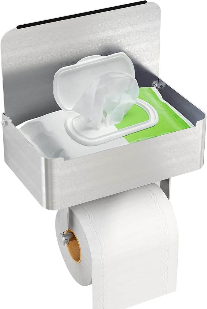 JUYSON Toilet Paper Holder with Shelf Brushed Nickel, Flushable Wipes Dispenser Fits for Bathroom Wipe Storage, Keep Your Wipes Hidden Out of Sight - SUS304 Stainless Steel Wall Mount Organizer