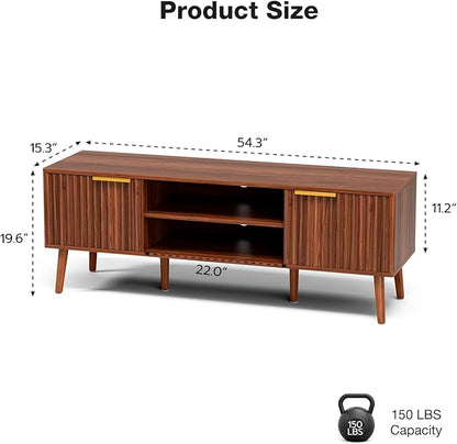 LCRBOL TV Stand for Living Room, Mid Century Modern Entertainment Center for 55/60 inch TVs, TV Console with Fluted Door Cabinets and Open Shelves, for Bedroom, Walnut