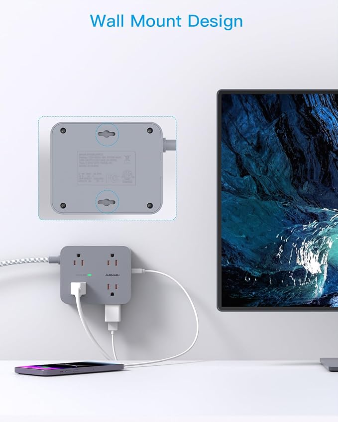 Surge Protector Power Strip 15 Ft Long Cord, HANYCONY 8 Outlets 4 USB Ports(2 USB C), Flat Plug, Desk Charging Station for Home Office College Dorm Room Essentials