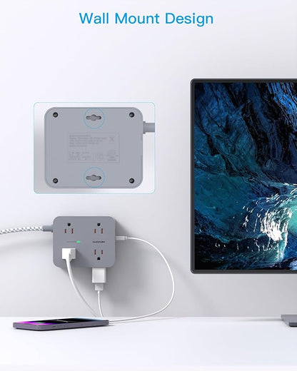 Power Strip with USB C Ports(2 USB C), HANYCONY 8 Outlets Surge Protector with 5 Ft Extension Cord, Flat Plug Wall Mount, Desk Charging Station for Home Office, ETL Listed Gray