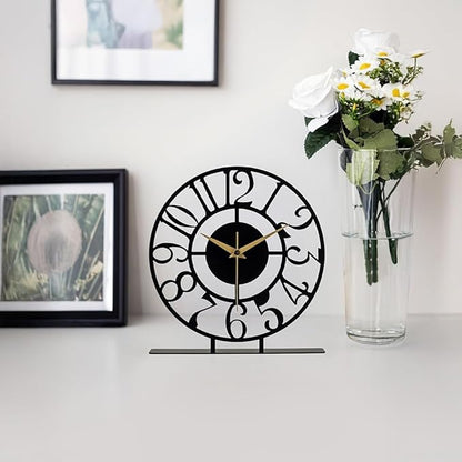 muyika 8.9x9.5 Metal Desk Clock, Black Round Silent Non-Ticking Analog Table Clock, Battery Operated, Decorative Desk and Shelf Clock, Desk Clocks for Living Room Bedroom Kitchen Office School