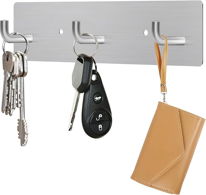 RELBRO Key Holder Wall Mount, Small Metal Self Adhesive Key Rack with 3 Hooks, 2 Installation Options, Silver