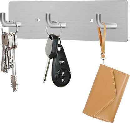 RELBRO Key Holder Wall Mount, Small Metal Self Adhesive Key Rack with 3 Hooks, 2 Installation Options, Silver