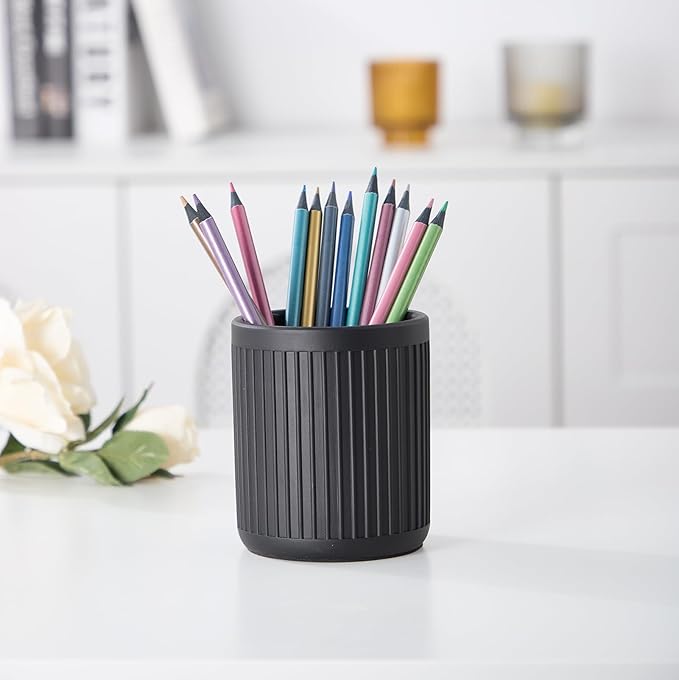 Aotea Crafts - Concrete Modern Industrial Pen Holder for Desk - Aesthetic Minimalist Charcoal Black Pencil Holder for Desk- Handcrafted Cement Fluted Pen Cup Organizer - Sealed & Durable