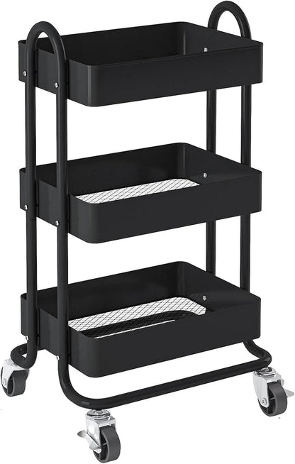 Metal Rolling Cart,3-Tier Metal Rolling Cart with Wheels,3 Tier Utility Cart with Wheels for Office,Home,Kitchen,Garden（13.4"x18.1"x31"） Black