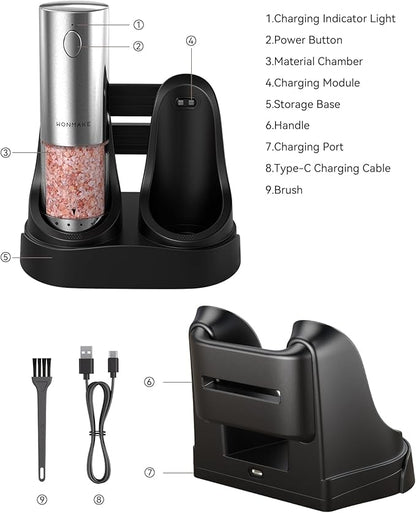 Electric Salt and Pepper Grinder Set - Automatic Refillable Salt and Pepper Grinders with Charging Base & LED Light, 6-Level Adjustable Coarseness with External Dial, Ideal Kitchen Gadget，Silver