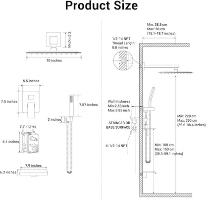 10" Rain Shower Faucet Set with Tub Spout, Chrome | Anti-scald cartridge, air tech boosts pressure 50%, 3-func diverter, NPT 1/2