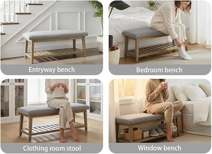 Entryway Bench, Chenille Upholstered Shoe Benches for Bedroom, Ottoman Benches with Solid Wood Shelf, Storage Bench for Hallway, Living Room(Grey)