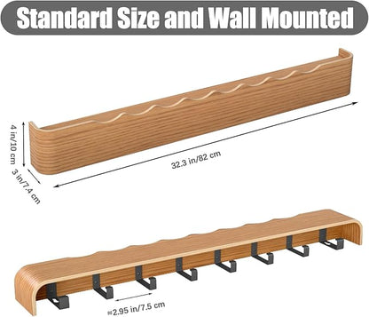 Coat Rack Wall Mount with Shelf 8 Hidden Hooks Modern Wooden Key Holder Entryway Organizer for Hallway Bedroom Bathroom Home Decor Storage for Hanging Coats Hats Bags Towels, Wave-Shape Oak