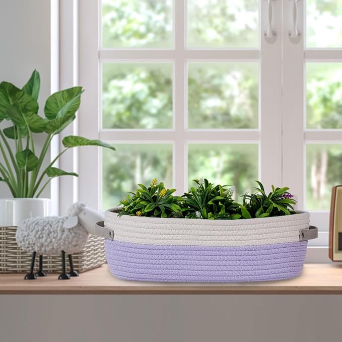 2 Pack Small Cotton Rope Woven Basket Toilet Paper Baskets for Organizing Decorative Baskets for Boho Decor Small Storage Basket 13"x5.9"x4" Purple