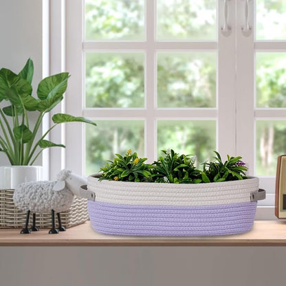2 Pack Small Cotton Rope Woven Basket Toilet Paper Baskets for Organizing Decorative Baskets for Boho Decor Small Storage Basket 13"x5.9"x4" Purple