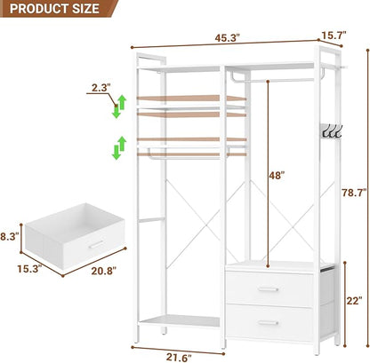 78.7'' Clothes Rack for Hanging Clothes - Reversible Clothing Rack with 2 Drawers, Heavy Duty Garment Racks with Shelves, 6 Tiers Freestanding Portable Closet Wardrobe System with Hanging Hooks, White