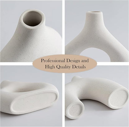 White Ceramic Vase Set of 2 for Modern Home Decor, Round Matte Donut Vases for Pampas Grass, Neutral Boho Nordic Minimalism Style Flower Vases for Living Room Wedding Table Party Office Bedroom