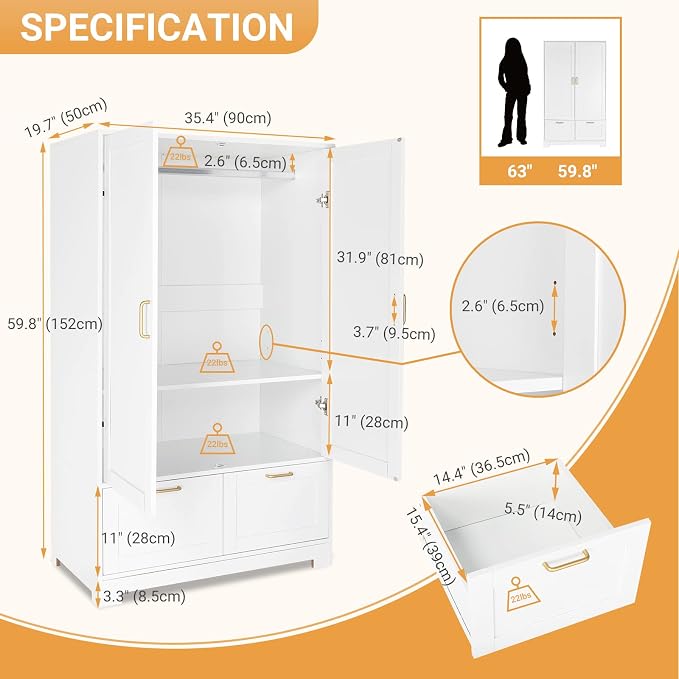 VINGLI 35" Wide White Armoire Wardrobe Closet with Adjustable Shelves and Drawers, Freestanding Closet Wardrobe Cabinet, Bedroom Armoires and Wardrobes with Doors for Kids' Room, Dorm