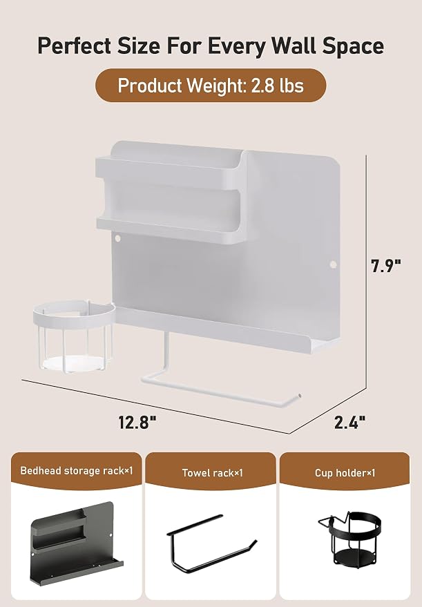 Bedside Wall Organizer Metal Shelf with Cup & Tissue Holder – Waterproof Wall Storage Rack for Dorm Room, Bathroom, Kitchen, and Office (White)