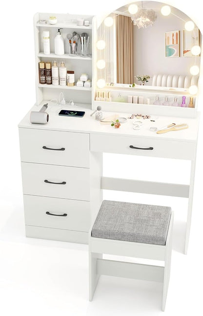 COSTWAY Vanity Desk with Mirror and Lights, Dressing Table with Charging Station, 3 Shelves, 1 Tabletop Storage Organizer, 4 Drawers and Stool, Bedroom Makeup Vanity Set for Girl, Teen, Women (White)