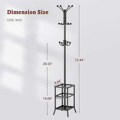 FAVOOSTY Coat Rack Freestanding,Coat Rack Stand with Umbrella Holder,Metal Coat Tree with 12 Hooks,Tree Clothes Hat for Entryway, Hallway, Bedroom, Living Room & Office -Black
