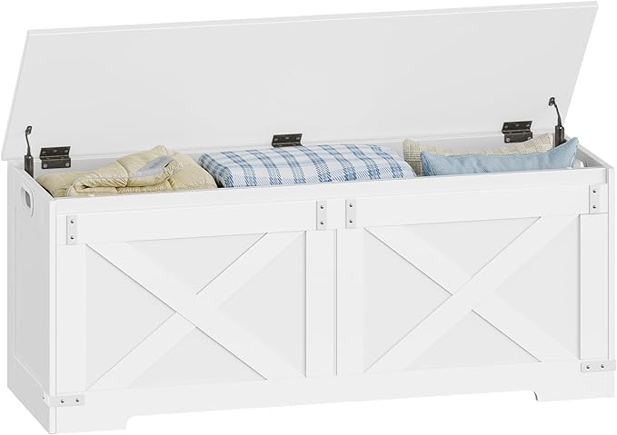 47.2" Storage Chest, Large Storage Trunk with 2 Hinges, Farmhouse Wooden Box Bench, Lift-Top Organizer Chest, Entryway Trunk for Bedroom, Living Room, White SB12103X