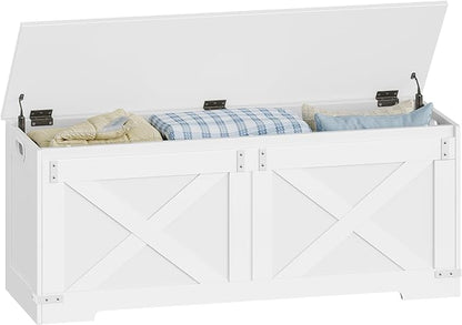 47.2" Storage Chest, Large Storage Trunk with 2 Hinges, Farmhouse Wooden Box Bench, Lift-Top Organizer Chest, Entryway Trunk for Bedroom, Living Room, White SB12103X