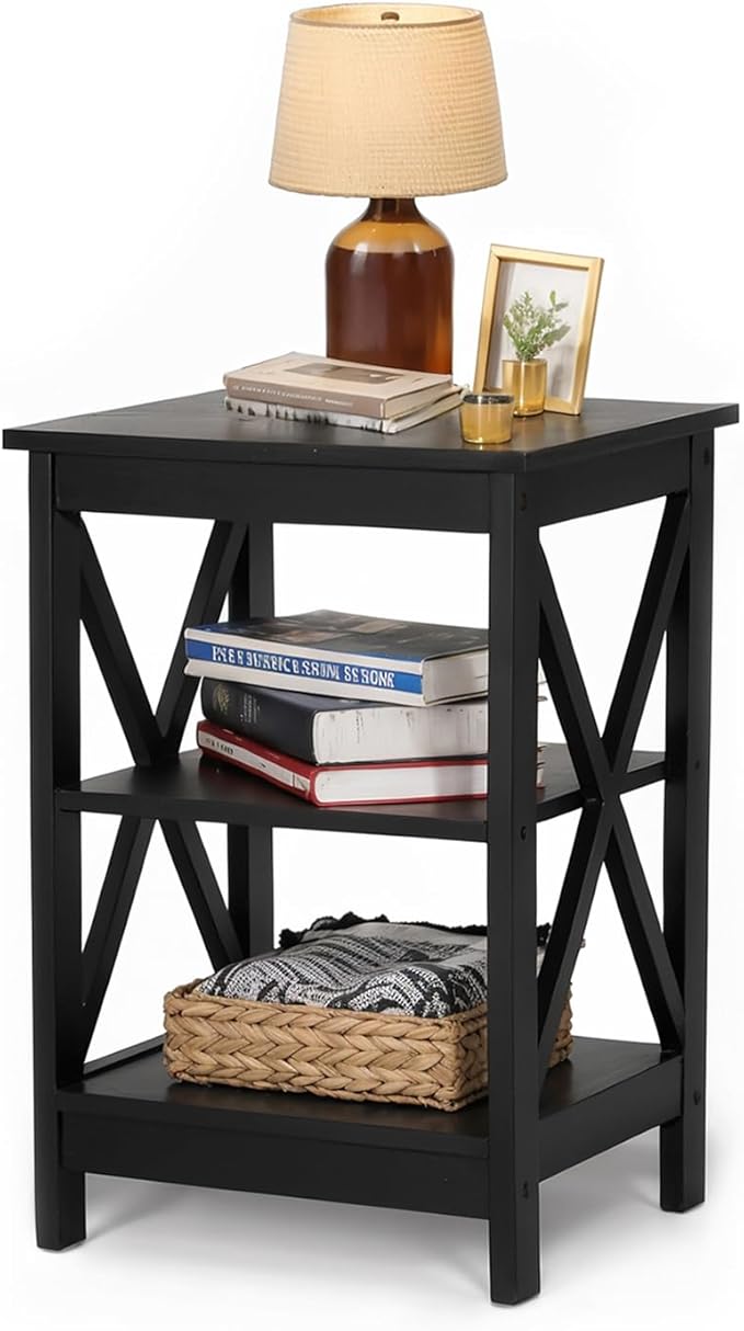 MAISON ARTS Black End Tables, Living Room End Tables Set of 2, Farmhouse Small Side Table, 3-Tier Modern Bed Side Table Nightstands for Bedroom