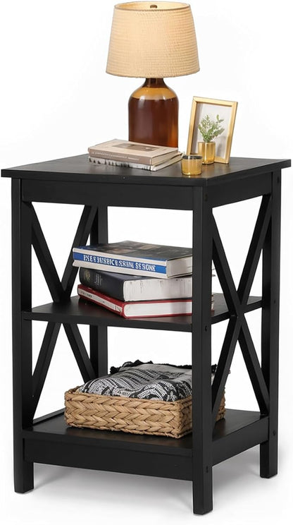 MAISON ARTS Black End Tables, Living Room End Tables Set of 2, Farmhouse Small Side Table, 3-Tier Modern Bed Side Table Nightstands for Bedroom