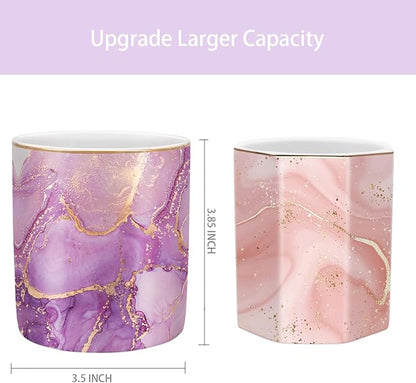 WAVEYU Pen Holder for Desk, Cute Ceramic Pencil Holder, Pen Cup Marker Holder Makeup Brush Holders, Desk Accessories & Workspace Organizers for Home, Office, Purple Marble