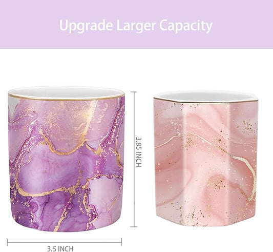 WAVEYU Pen Holder for Desk, Cute Ceramic Pencil Holder, Pen Cup Marker Holder Makeup Brush Holders, Desk Accessories & Workspace Organizers for Home, Office, Purple Marble