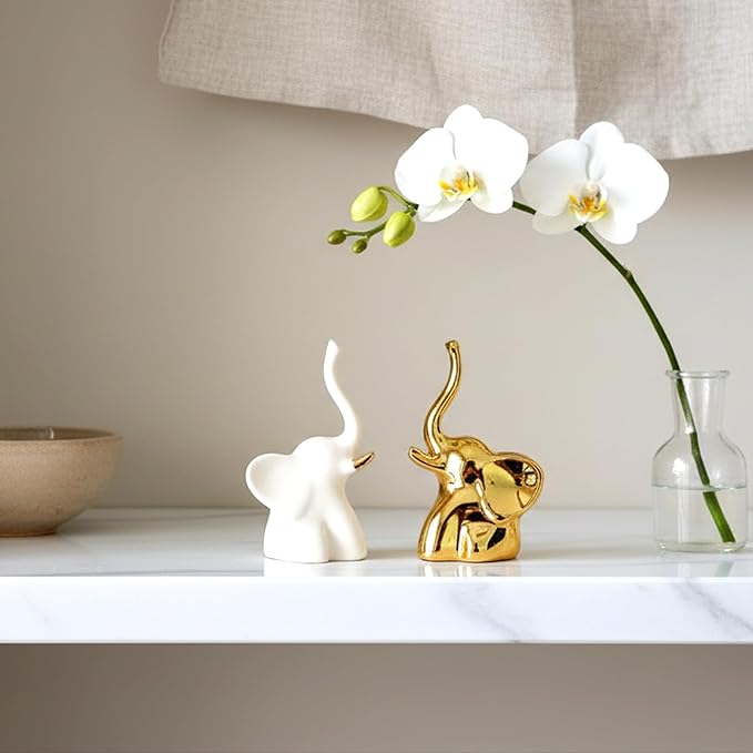 Home Decor Elephant Statues,1 Pair, Small Decorative Accents for Shelves, Livingroom and Bedroom, Gold and White