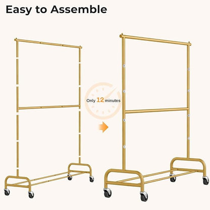 MISSLO Heavy Duty Clothes Rack for Hanging Clothes Rolling Clothing Rack Heavy Duty on Wheels for Coat, Garment, Gold(Double Rod)