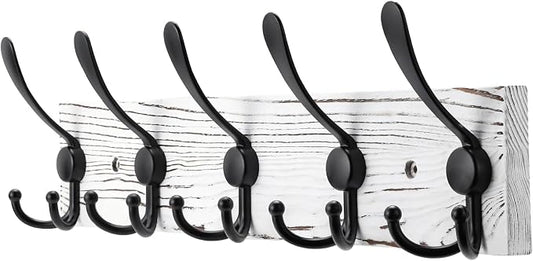 Kuhome Coat Rack Wall Mount Wooden Hat Rack for Wall Hooks Pine Real Wood Plank 16.9" White Coat Hanger with 5 Black Triple Hooks for Hanging Coat Hat Jacket