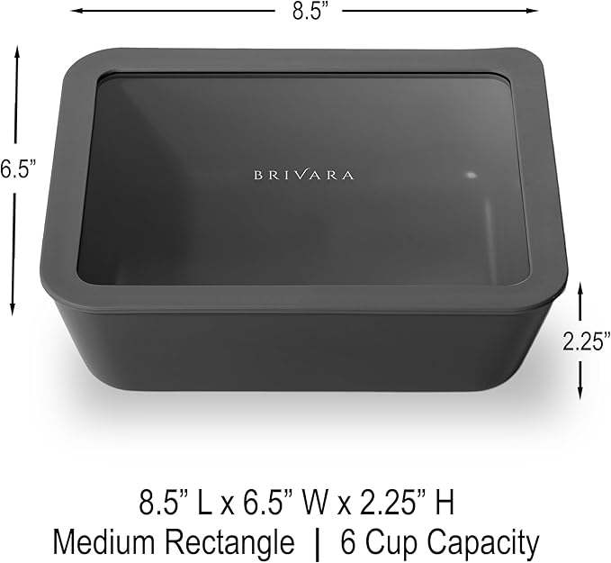 BRIVARA HOME Ceramic Coated Glass Food Storage Container | No PTFE, PFOA, PFAS, and BPA | Reusable Non Toxic Meal Prep Container with Glass Lid | Easy To Store | 6 Cup Rectangle [Onyx]