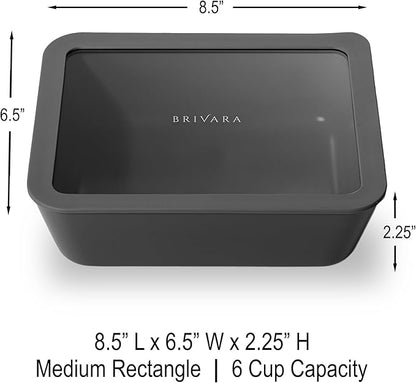 BRIVARA HOME Ceramic Coated Glass Food Storage Container | No PTFE, PFOA, PFAS, and BPA | Reusable Non Toxic Meal Prep Container with Glass Lid | Easy To Store | 6 Cup Rectangle [Onyx]