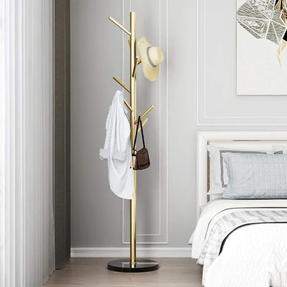 Jolitac Metal Coat Rack Stand Golden Satin Steel Finish Stable Marble Base, High-Grade with Hooks Metal Tree Hat & Coat Hanger Floor Free Standing Wall Bedroom Easy Assembly (Golden)