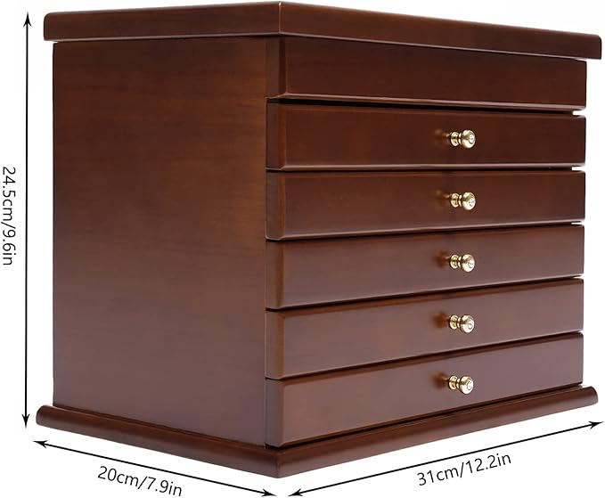 Wood Jewelry Box 6-Tier Large Jewelry Organizer Cabinet with 5 Drawers Women Girls Storage Display Case for Necklace Rings Earrings Accessories, with Mirror and Lock (Without Mirror-brown)